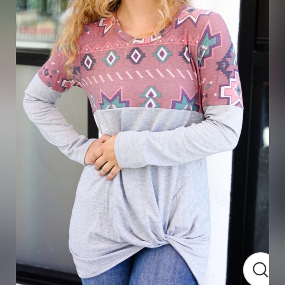 Mauve Tribal Front Knot Long Sleeve Top
